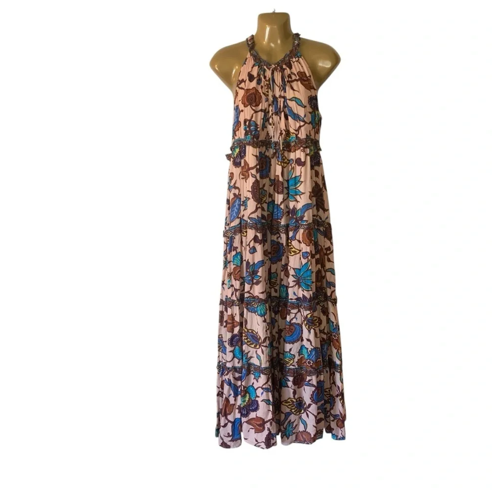 Anthro Love the label V-neck tiered ruffled maxi dress browns blues floral New S - Picture 5 of 16